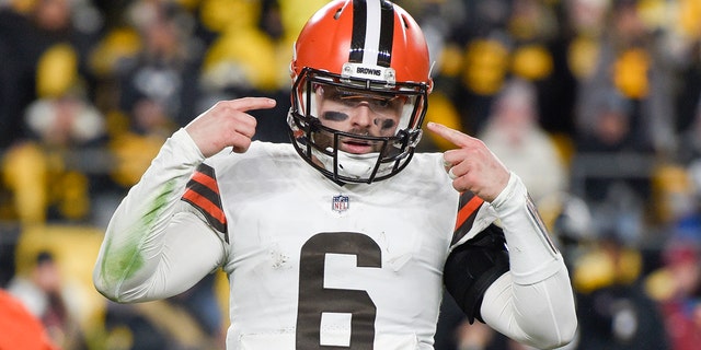 Cleveland Browns quarterback Baker Mayfield gestures during the Steelers game on Jan. 3, 2022, in Pittsburgh.