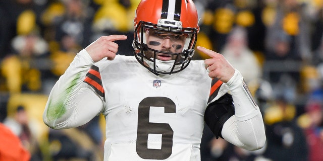 Cleveland Browns quarterback Baker Mayfield gestures during the Steelers game on Jan. 3, 2022, in Pittsburgh.