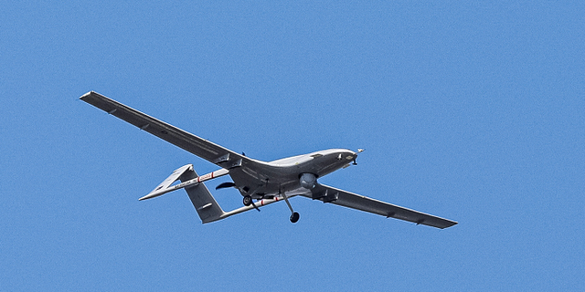 A Bayraktar TB2 unmanned combat aerial vehicle is seen during a demonstration flight at Teknofest aerospace and technology festival in Baku, Azerbaijan, on May 27.