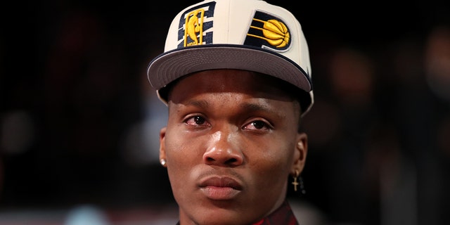 Bennedict Mathurin talks to the media after being drafted by the Indiana Pacers during the 2022 NBA Draft June 23, 2022, at Barclays Center in Brooklyn.
