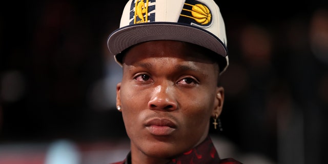 Bennedict Mathurin talks to the media after being drafted by the Indiana Pacers during the 2022 NBA Draft June 23, 2022, at Barclays Center in Brooklyn.