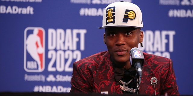 Bennedict Mathurin of the Indiana Pacers talks to the media during the 2022 NBA Draft June 23, 2022, at Barclays Center in Brooklyn.