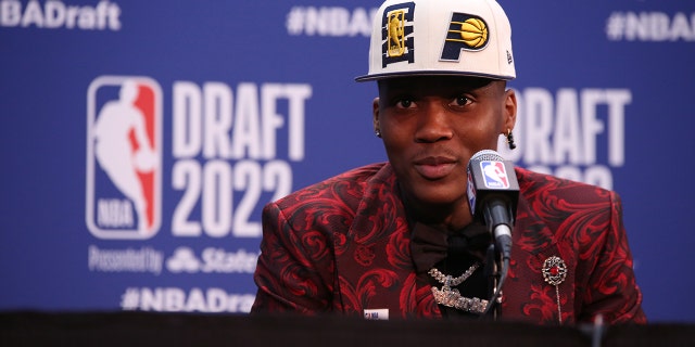 Bennedict Mathurin of the Indiana Pacers talks to the media during the 2022 NBA Draft June 23, 2022, at Barclays Center in Brooklyn.