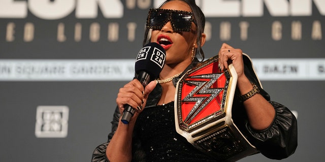 WWE wrestler Bianca Belair speaks during the weigh-in at Hulu Theatre at Madison Square Garden. New York City, April 29, 2022.