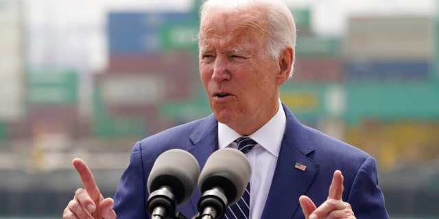 President Biden speaks about inflation and supply chain issues at the Port of Los Angeles, Friday, June 10, 2022, in Los Angeles. 