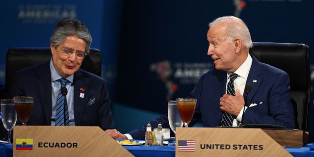 Ecuador's President Guillermo Lasso (L) and US President Joe Biden attend a working luncheon with other heads of state during the 9th Summit of the Americas in Los Angeles, California, June 10, 2022.