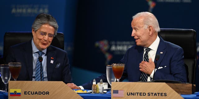 Ecuador's President Guillermo Lasso (L) and U.S. President Joe Biden attend a working luncheon with other heads of state during the 9th Summit of the Americas in Los Angeles, California, June 10, 2022.