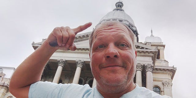 Bob Barnes, 52, of Syracuse, New York, has been cycling to every state capital in one year. On May 3, he arrived at capital no. 39, Springfield, Illinois.