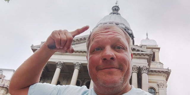 Bob Barnes, 52, of Syracuse, New York, has been cycling to every state capital in one year. On May 3, he arrived at capital no. 39, Springfield, Illinois.