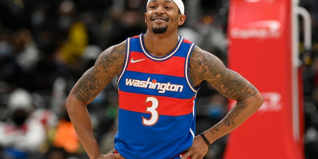 FILE - Washington Wizards guard Bradley Beal (3) looks on during the second half of an NBA basketball game against the Boston Celtics, Sunday, Jan. 23, 2022, in Washington.