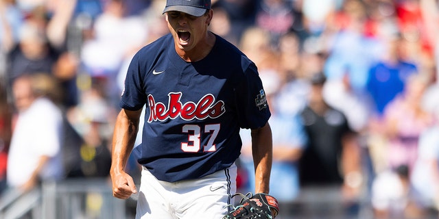 Mississippi pitcher Brandon Johnson (37) reacts after striking out the penultimate Oklahoma batter in the ninth inning in Game 2 of the NCAA College World Series baseball finals, Sunday, June 26, 2022, in Omaha, Neb.