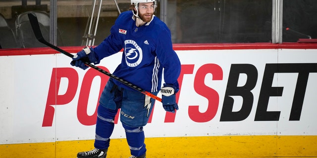 Tampa Bay Lightning center Brayden Point takes the ice during practice before Game 1 of the Stanley Cup Finals against the Colorado Avalanche, June 14, 2022, in Denver.