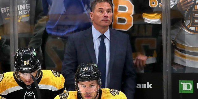 Coach Bruce Cassidy appears content with seconds left in the game. The Boston Bruins host the Carolina Hurricanes in an NHL game at TD Garden in Boston on May 8, 2022.