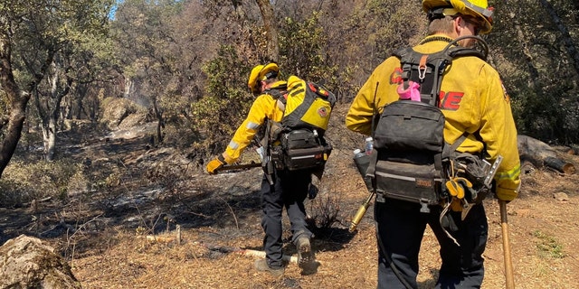 Firefighters work on the Rices fire in Nevada County, California