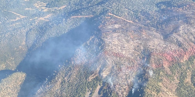 An aerial view of the Rices fire in Nevada County, Calif.