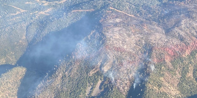 An aerial view of the Rices fire in Nevada County, Calif.