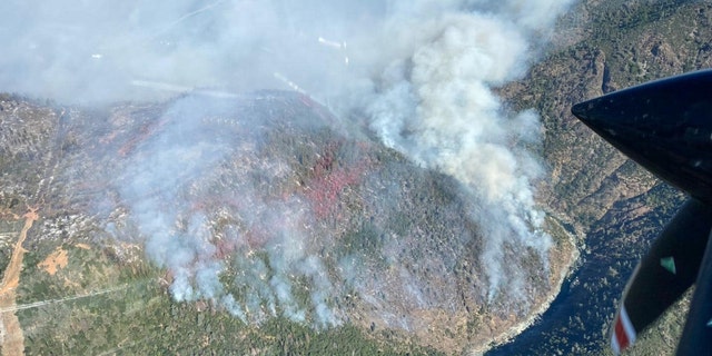 An overhead view of the Rices fire in Nevada County, Calif.