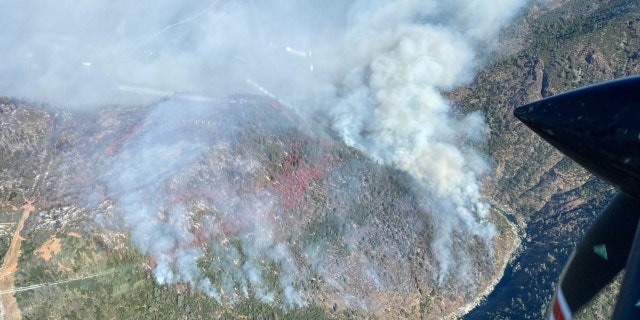 An overhead view of the Rices fire in Nevada County, Calif.