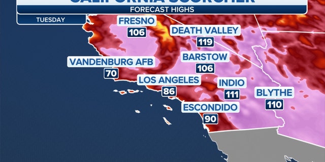 California predicted high temperatures