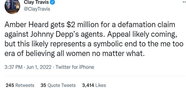 Depp-Heard davası: Toplumsal medya nihai karar üstüne patladı 1 Clay Travis tweet attı "Amber Heard, Johnny Depp'in ajanlarına karşı yaptığı iftira iddiası için 2 milyon dolar alıyor. Temyiz muhtemelen geliyor, ancak bu muhtemelen ne olursa olsun tüm kadınlara inanma çağının sembolik bir sonunu temsil ediyor."