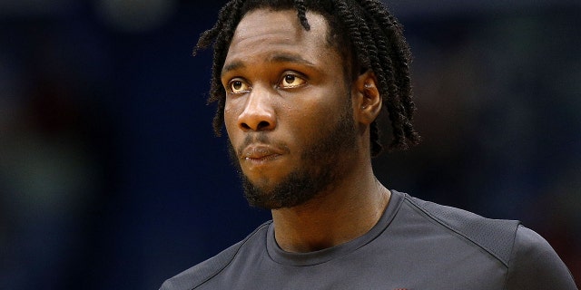 Caleb Swanigan of the Portland Trail Blazers reacts before a game against the Pelicans at the Smoothie King Center on March 27, 2018, in New Orleans, Louisiana.