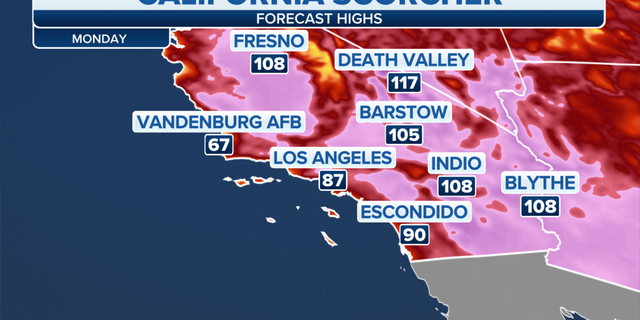 Forecast high temperatures in California on Monday.