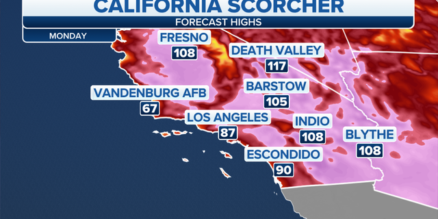 Forecast high temperatures in California on Monday.