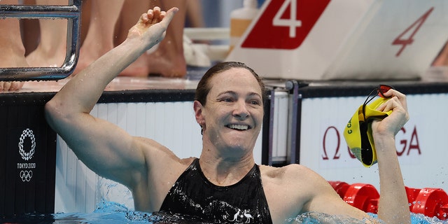 Cate Campbell of Team Australia reacts after winning the gold medal and breaking the Olympic record for the Women's 4 x 100m Medley Relay Final on day nine of the Tokyo 2020 Olympic Games at Tokyo Aquatics Centre on August 01, 2021 in Tokyo, Japan.
