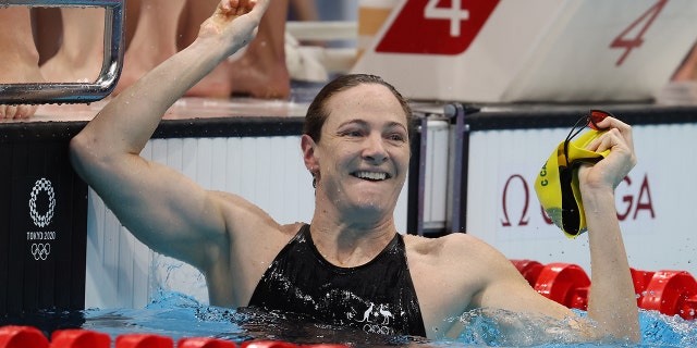 Cate Campbell of Team Australia reacts after winning the gold medal and breaking the Olympic record for the Women's 4 x 100m Medley Relay Final on day nine of the Tokyo 2020 Olympic Games at Tokyo Aquatics Centre on August 01, 2021 in Tokyo, Japan.