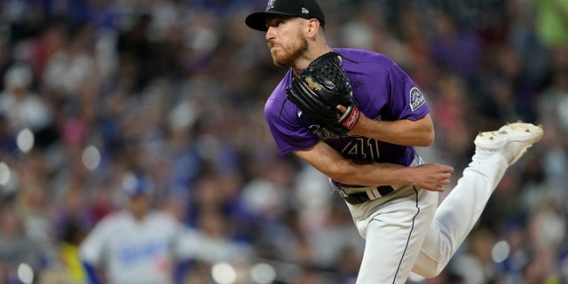 Colorado Rockies starting pitcher Chad Kuhl works against the Los Angeles Dodgers during the eighth inning of a baseball game Monday, June 27, 2022, in Denver. 