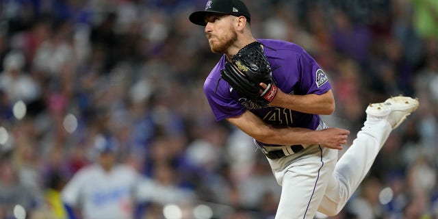 Colorado Rockies starting pitcher Chad Kuhl works against the Los Angeles Dodgers during the eighth inning of a baseball game Monday, June 27, 2022, in Denver.