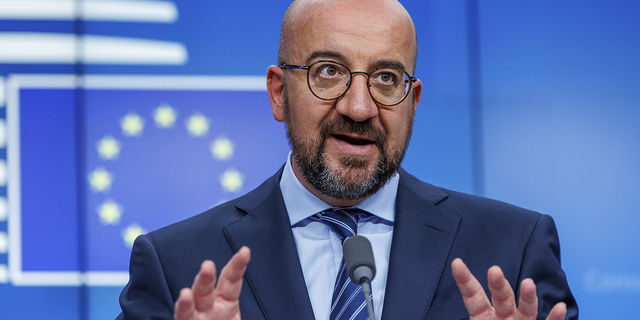European Council President Charles Michel speaks during a news conference in Brussels, Belgium, on Tuesday, May 31.