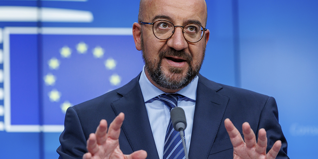 European Council President Charles Michel speaks during a news conference in Brussels, Belgium, on Tuesday, May 31.