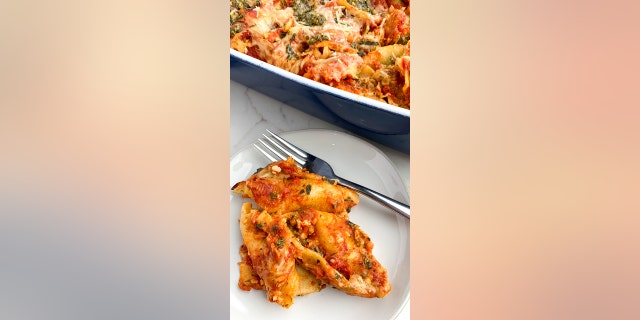 Cheesy Chicken Lasagna Stuffed Shells (No-Boil) by Cara Lanz, Midwestern HomeLife