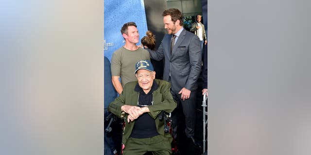 Nate Boyer, veteran from Best Defense Foundation Larry Stevens and Chris Pratt attend Prime Video's "The Terminal List" red carpet premiere in Los Angeles.