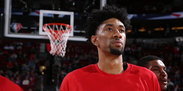 Christian Wood #35 of the Houston Rockets looks on during the game against the Portland Trail Blazers on March 26, 2022 at the Moda Center Arena in Portland, Oregon. 