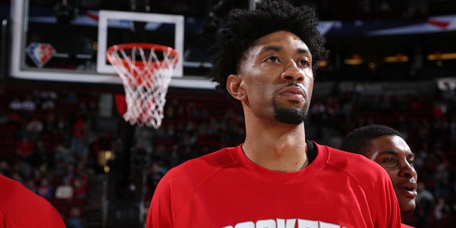 Christian Wood #35 of the Houston Rockets looks on during the game against the Portland Trail Blazers on March 26, 2022 at the Moda Center Arena in Portland, Oregon.