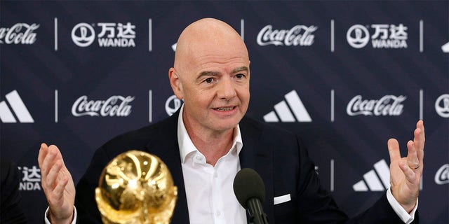 FIFA President Gianni Infantino answers questions during a 2026 soccer World Cup news conference Thursday, June 16, 2022, in New York. 
