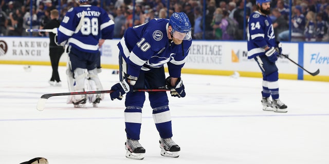 Corey Perry #10 of the Tampa Bay Lightning reacts after losing to the Tampa Bay Lightning 2-1 in Game Six of the 2022 NHL Stanley Cup Final at Amalie Arena on June 26, 2022 in Tampa, Florida.