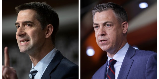Sen. Tom Cotton, R-Ark., and Rep. Jim Banks, R-Ind. speak to press