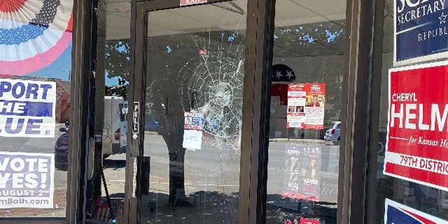 The entranceway to the Cowley County GOP headquarters in Winfield, Kansas, after a vandal threw a rock at the front door.