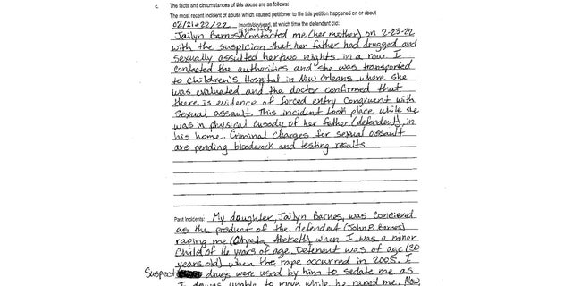 A screenshot of a court document showing Crysta Abelseth's handwritten application for a restraining order filed Feb. 25, 2022, accusing John Barnes of allegedly sexually assaulting their daughter. A hearing officer determined that there was no "medical evidence" to support the allegation.