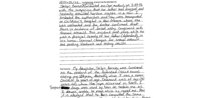 A screenshot of a court document showing Crysta Abelseth's handwritten application for a restraining order filed Feb. 25, 2022, accusing John Barnes of allegedly sexually assaulting their daughter. A hearing officer determined that there was no 