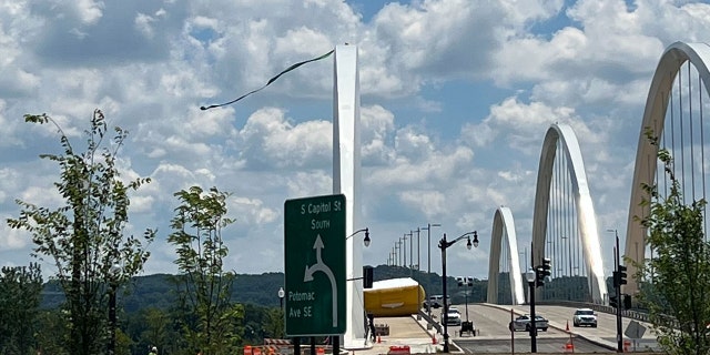 Pro-choice protester Guidreichstatter at the top of Frederick Douglass Bridge in Washington, DC, Saturday, June 25, 2022.