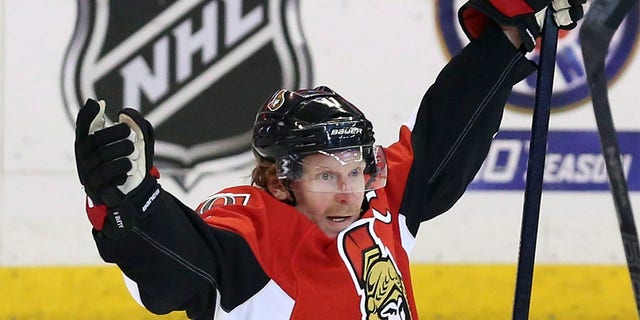Ottawa Senators' Daniel Alfredsson celebrates the Senators' 3-2 overtime win against the Montreal Canadiens in Game 4 of an NHL hockey Stanley Cup playoff series in Ottawa, Ontario, on Tuesday, May 7, 2013. Alfredsson have been elected to the Hockey Hall of Fame, selected Monday, June 27, 2022, to be inducted in November.