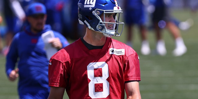 Quarterback Daniel Jones, #8 of the New York Giants, during the team's mandatory minicamp at Quest Diagnostics Training Center on June 8, 2022 in East Rutherford, New Jersey.