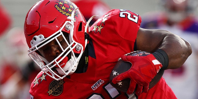 Darius Victor of the New Jersey Generals carries the ball in the second quarter of a game against the Pittsburgh Moulars at Legion Field on June 3, 2022 in Birmingham, Ala.