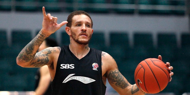 Delonte West of Fujian reacts during a training session for CBA 13/14 game on October 18, 2013 in Quanzhou, Fujian Province of China.