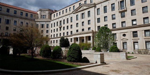 The courtyard of the Robert F. Kennedy Department of Justice building on April 1, 2022, in Washington.