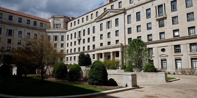 The courtyard of the Robert F. Kennedy Department of Justice building on April 1, 2022, in Washington.